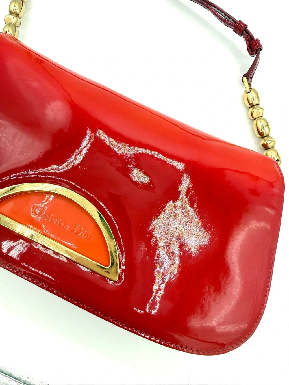 Dior Red Patent Leather Ombré Galliano Malice Shoulder Bag with Gold Bead Strap - Picture 6 of 12